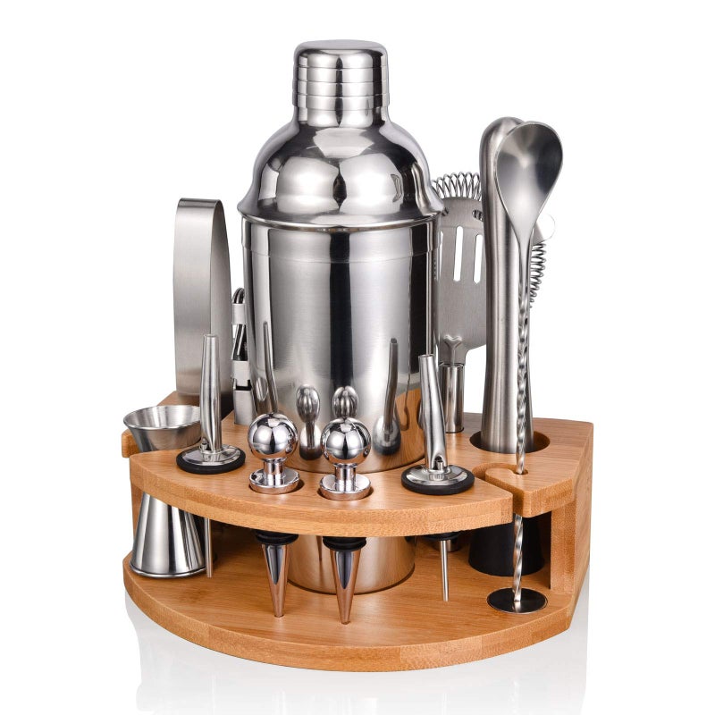 Esmula Bartender Kit with Stylish Bamboo Stand, 12 Piece 25oz Cocktail Shaker Set for Mixed Drink, Professional Stainless Steel Bar Tool Set, Gift for Man Dad- Cocktail Recipes Booklet (Silver) - Image 1